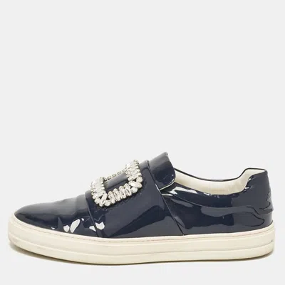 Pre-owned Roger Vivier Navy Blue Patent Viv Crystal Embellished Sneakers Size 41