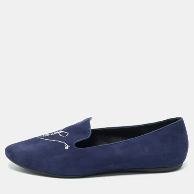 Roger Vivier Navy Blue Suede Crystal Embellished Ballet Flats