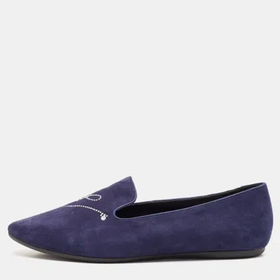 Pre-owned Roger Vivier Navy Blue Suede Crystal Embellished Ballet Flats Size 38