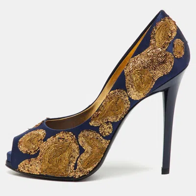 Roger Vivier Navy Blue/gold Embroidered Satin Peep Toe Platform Pumps In Multi
