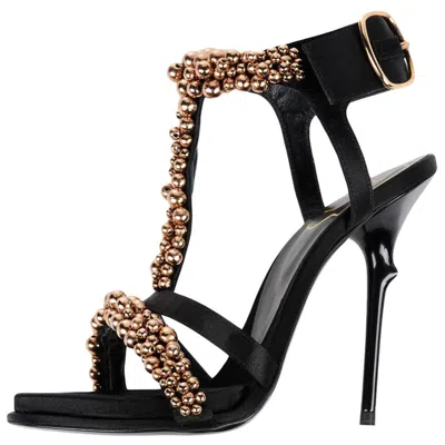 Pre-owned Roger Vivier New  *caviar* Black Satin Bronze Embellished Shoes Sandals 37.5