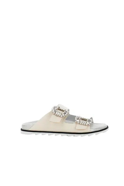 Roger Vivier Ornate White Sandals With Textured Sole And Silver Accents In Neutral