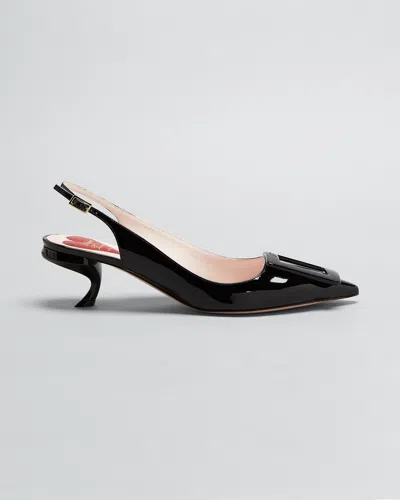 Roger Vivier Patent Buckle Kitten-heel Slingback Pumps In Black