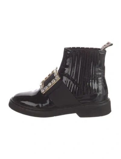 Pre-owned Roger Vivier Patent Leather Crystal Embellishments Chelsea Boots In Black