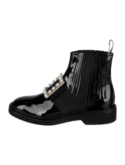 Pre-owned Roger Vivier Patent Leather Crystal Embellishments Chelsea Boots In Black