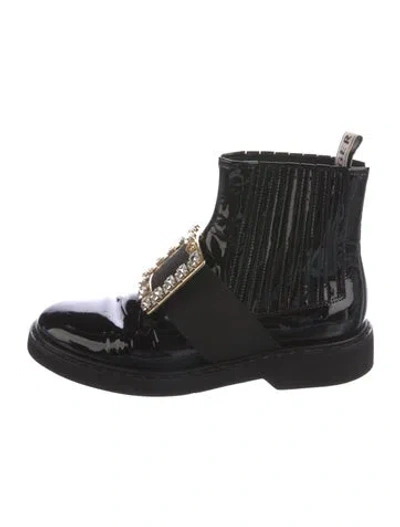 Pre-owned Roger Vivier Patent Leather Crystal Embellishments Combat Boots In Black
