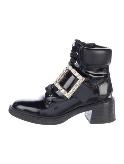 Pre-owned Roger Vivier Patent Leather Crystal Embellishments Lace-up Boots In Black