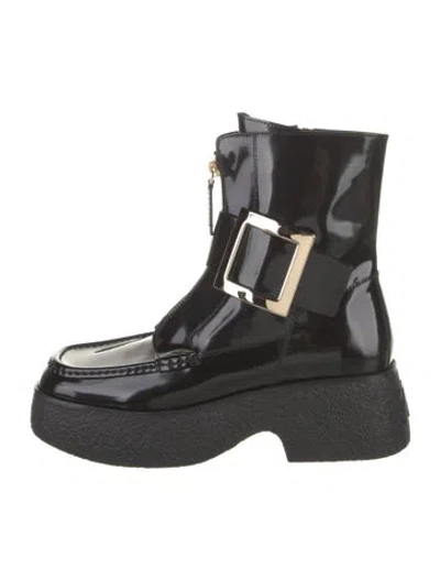Pre-owned Roger Vivier Patent Leather Moto Boots In Black