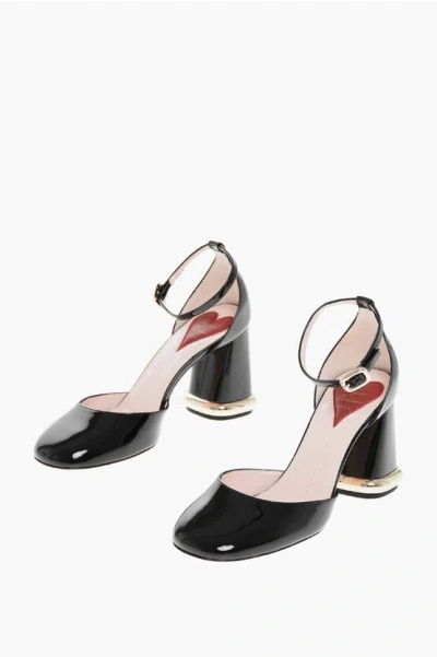 ROGER VIVIER PATENT LEATHER PUMPS WITH ANKLE STRAP AND STATEMENT HEEL 9CM