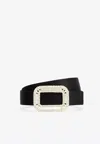 Roger Vivier Pilgrim Crystal Buckle Belt In Satin In Black