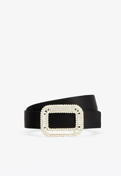 Roger Vivier Pilgrim Crystal Buckle Belt In Satin In Black