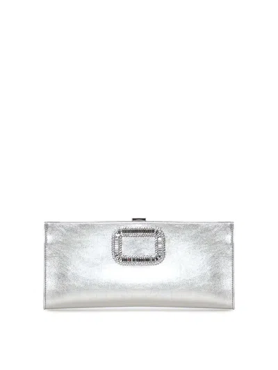 Roger Vivier Pilgrim Leather Clutch In Silver