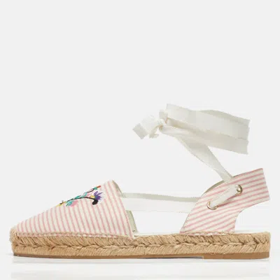 Roger Vivier Pink/white Stripe Fabric Ankle Wrap Espadrille Flats In Neutral