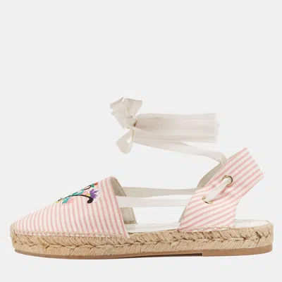 Pre-owned Roger Vivier Pink/white Stripe Fabric Embroidered Ankle Wrap Espadrilles Flats Size 40