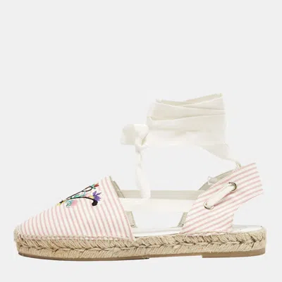 Pre-owned Roger Vivier Pink/white Stripe Fabric Floral Embroidered Wrap Espadrille Sandals Size 40
