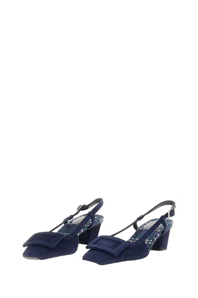 Roger Vivier Pointed Toe Slingback Shoes With Decorative Buckle In Blue