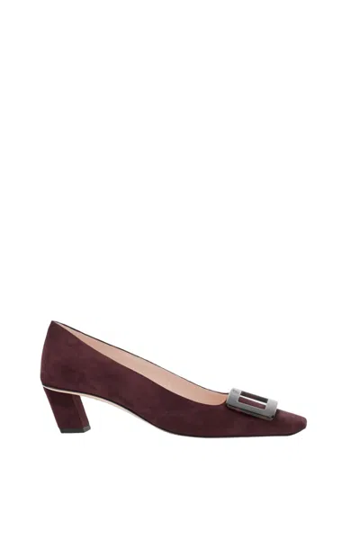 Roger Vivier Pointed Toe Suede Pumps With Decorative Buckle In Burgundy