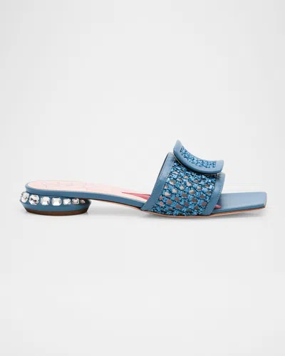 Roger Vivier Raffia Crystal Buckle Mule Sandals In Denim