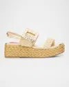 Roger Vivier Raffia Crystal Buckle Platform Sandals In Cream
