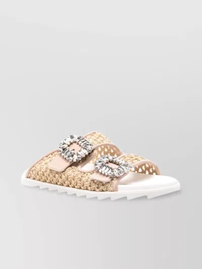 ROGER VIVIER RAFFIA DOUBLE-STRAP SANDALS CRYSTAL EMBELLISHMENT