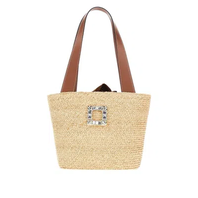 Roger Vivier Small Shopping Bag In Raffia In Brown