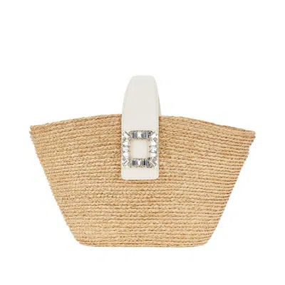 Roger Vivier Embellished Leather-trimmed Raffia-effect Tote Bag In Brown