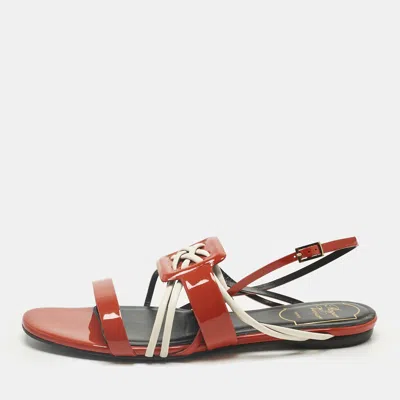 Pre-owned Roger Vivier Red Patent And Leather Slingback Flat Sandals Size 37