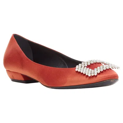 Pre-owned Roger Vivier Red Satin Silver Strass Crystal Buckle Classic Dress Flats Eu36.5