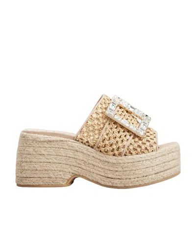 Roger Vivier Crystal-embellished Suede-trimmed Raffia Platform Mules In Neutrals