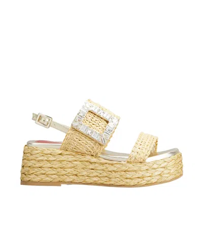 ROGER VIVIER STRASS BUCKLE WEDGE SANDALS IN RAFFIA