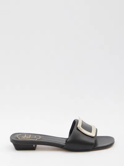 Roger Vivier Leather Slides Mule Buckle Square Toe In Black