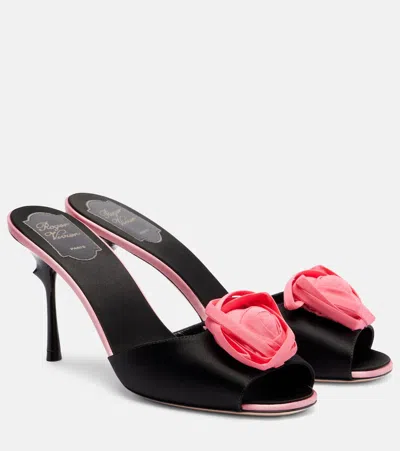 Roger Vivier Rose Vivier 85 Floral Satin Mules In Black