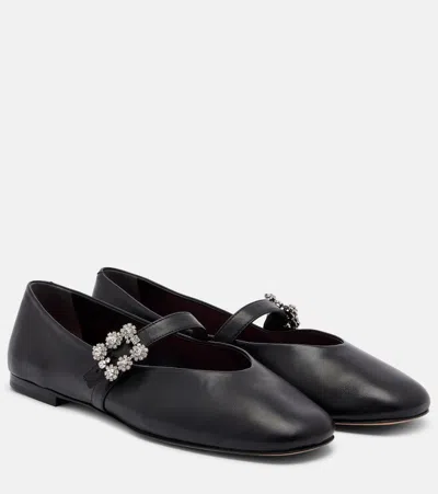 Roger Vivier Black Leather Efflorescence Ballet Flats With A Strap In Animal Print