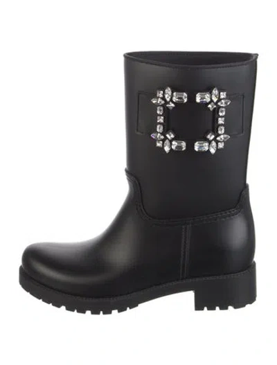 Pre-owned Roger Vivier Rubber Crystal Embellishments Rain Boots In Black