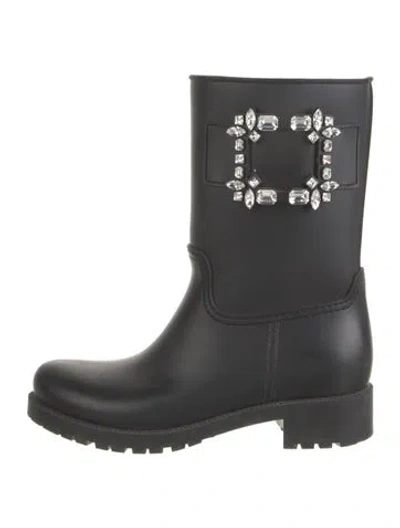 Pre-owned Roger Vivier Rubber Crystal Embellishments Rain Boots In Black
