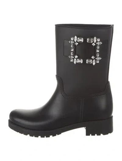 Pre-owned Roger Vivier Rubber Crystal Embellishments Rain Boots In Black