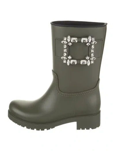 Pre-owned Roger Vivier Rubber Crystal Embellishments Rain Boots In Green