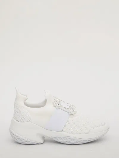 Roger Vivier Viv' Run White Trainers In Technical Fabric With Rhinestone Buckle In Bianco