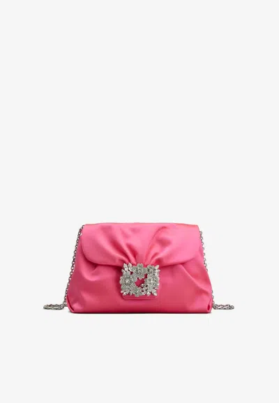 Roger Vivier Rv Bouquet Crystal Buckle Shoulder Bag In Satin In Pink