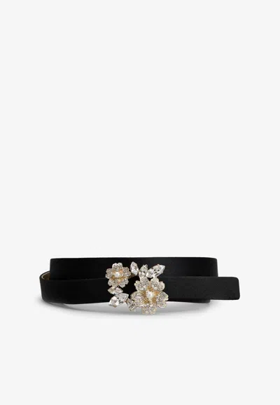 Roger Vivier Rv Bouquet Pearl And Crystal Buckle Satin Belt In Black