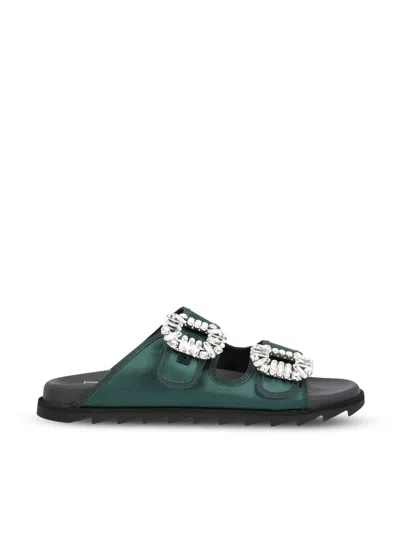 Roger Vivier Slide Sandal Embellished Buckles Flat Sole In Green