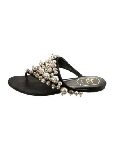 Pre-owned Roger Vivier Satin Beaded Accents Flip Flops In Black