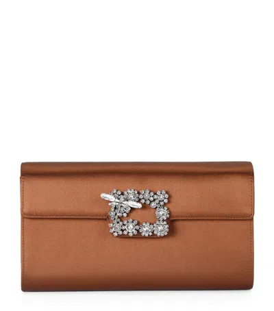 Roger Vivier Satin Efflorescence Envelope Clutch Bag In Brown