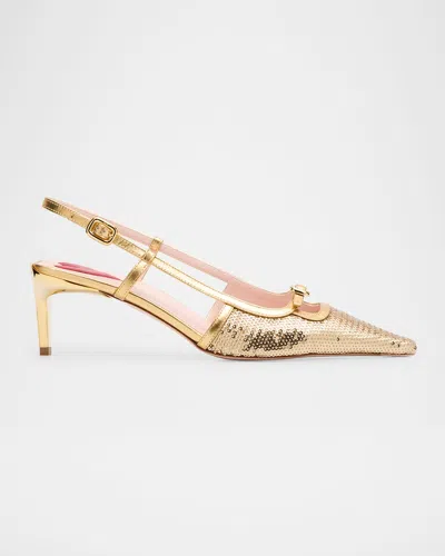 Roger Vivier Sequin Buckle Slingback Pumps In Oro Chiaro