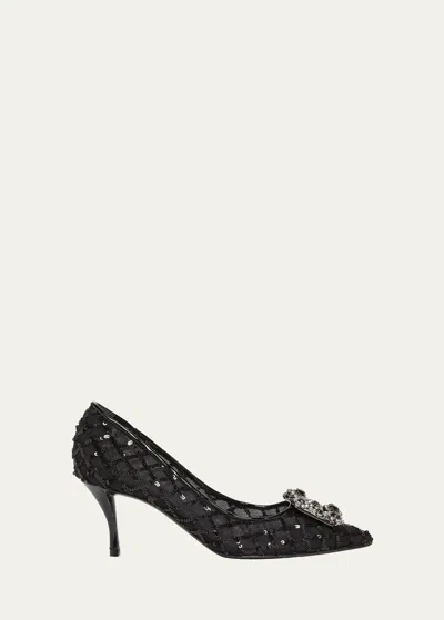 ROGER VIVIER SEQUIN NET MESH BUCKLE PUMPS