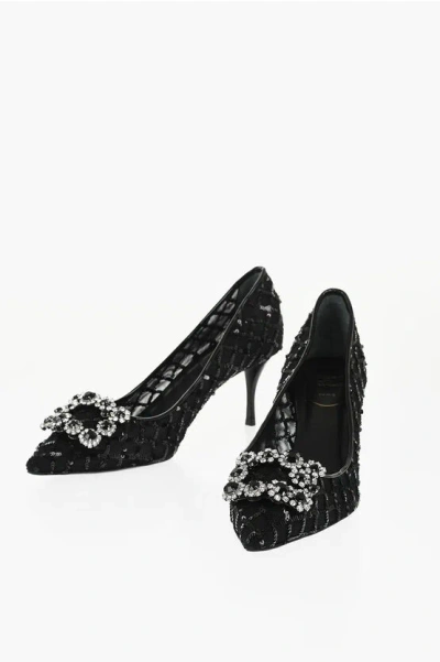 Roger Vivier Sequined Flower Strass Pumps With Jewel Buckle 7cm In Black