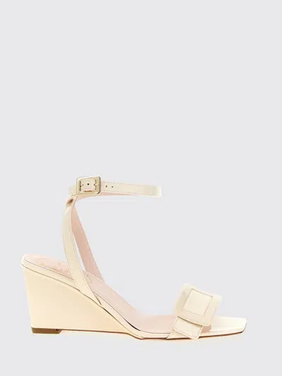 Roger Vivier Belle Vivier 60 Metallic Leather Wedge Sandals In White