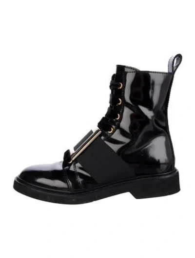 Pre-owned Roger Vivier Signature Logo Leather Combat Boots In Black