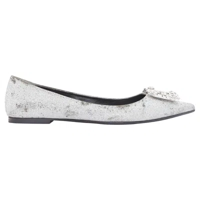 Pre-owned Roger Vivier Silver Glitter Crystal Buckle Pointy Toe Ballerina Flats Eu37