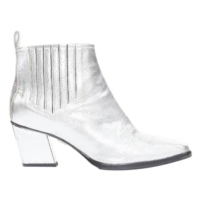 Pre-owned Roger Vivier Silver Texture Leather Slanted Block Heel Western Booties Eu37